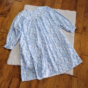 Lanz of Salzburg Flannel Cat Print Nightgown Women's Plus 1X Blue Ruffle Pockets